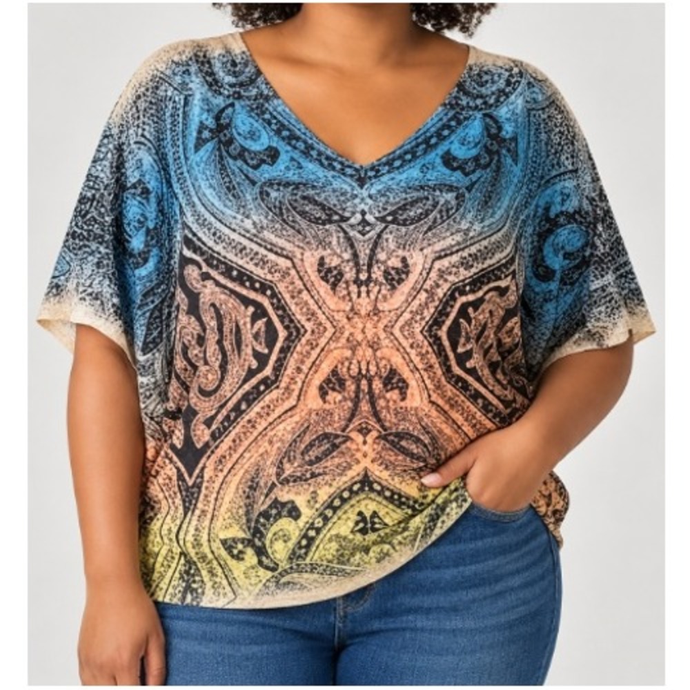 Julies Closet Women's Multi Ombre Paisley Rhinestone V-Neck Boho Top Size 3XL